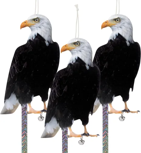 Vista 7 de Búho para mantener alejados a los pájaros, paquete de 3 búhos espantapájaros búho falso, decoración colgante reflectante para ahuyentar pájaros