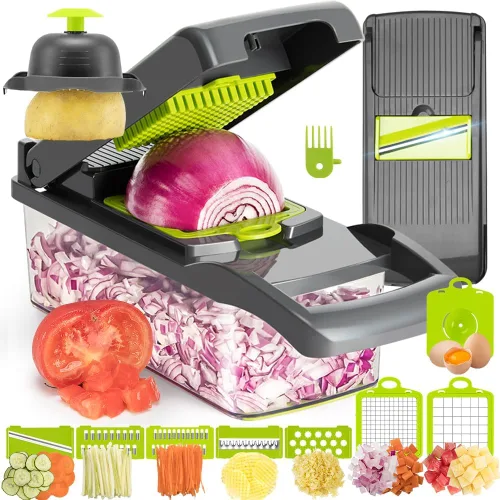 Vista 8 de KEOUKE Cortador de verduras de mandolina pro - Cortador de alimentos con 16 cuchillas intercambiables con recipiente, protector manual y escurridor