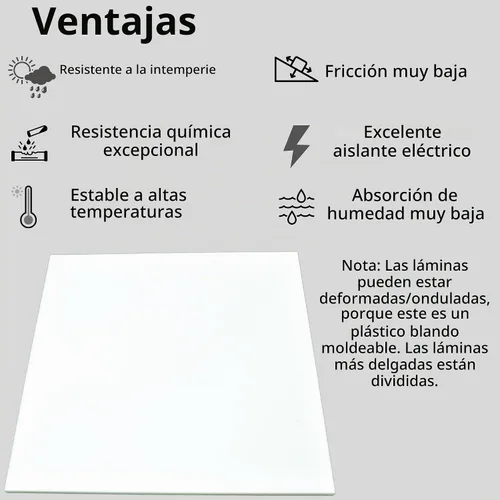 Vista 4 de BuyPlastic Hoja de plástico virgen PTFE de teflón blanco natural de 1/2 pulgada de grosor, tamaño 6 x 6 pulgadas. Dimensiones del tablero