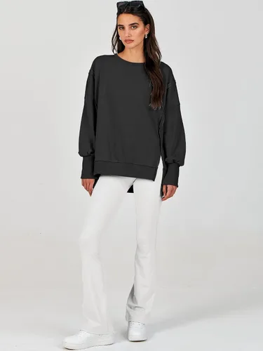 Vista 8 de Caracilia Sudadera de gran tamaño para mujer, cuello redondo, manga larga, sudadera con capucha, ropa de otoño a la moda