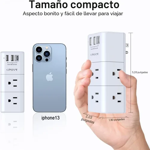 Vista 5 de QINLIANF - Extensor de tomacorrientes USB y protector contra sobrecargas, enchufe giratorio, tira de alimentación giratoria de 3 lados, divisor de 6