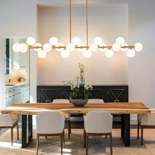 Vista 11 de Candelabro lineal negro Sputnik de 70 pulgadas, lámpara de comedor con 22 luces, globo de vidrio, lámpara lineal ahumada para granja, sala de estar