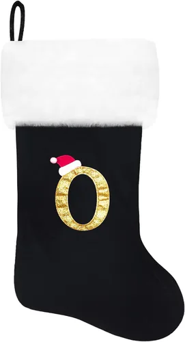 Vista 66 de Calcetines de Navidad bordados de 20 pulgadas con monograma, terciopelo negro con puño de felpa blanca supersuave, adornos clásicos para decoración