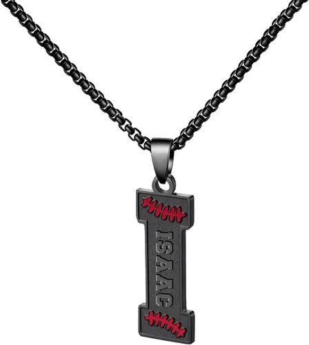Vista 12 de Ldurian Collar personalizado con nombre de béisbol, cadena negra de acero inoxidable, collar con nombre deportivo, letra A-Z de 24 pulgadas, regalos