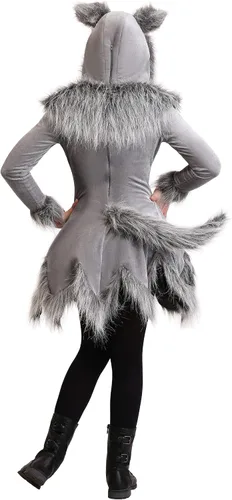 Vista 3 de Grey Wolf Costume Dress for Girls Werewolf Costumes with Fur Hood, Woodland Animal Outfit for Kids