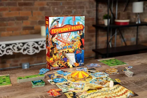 Vista 2 de Tenpenny Parks Juego de mesa Construye el mejor parque temático Hermoso parque de atracciones estrategia colocación de trabajadores juego