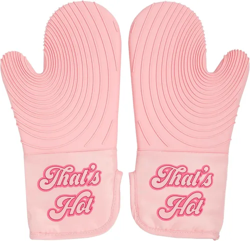 Vista 8 de Paris Hilton Juego de manoplas para horno con diseño icónico de That's HOT, agarraderas resistentes al calor con agarres de silicona texturizada