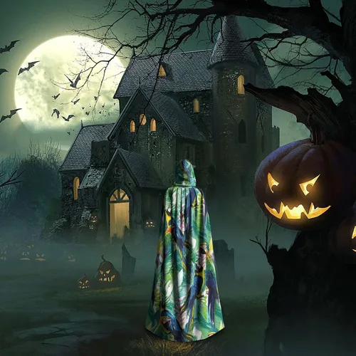 Vista 7 de Capa colorida de loros trópicos de Halloween con capucha, capa de Navidad, cosplay para adultos