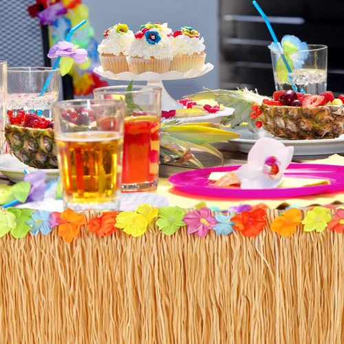 Vista 8 de GiftExpress Falda de mesa de hierba Luau de 9 pies x 29.5 pulgadas, falda de fiesta temática hawaiana con decoración de flores de hibisco, telón