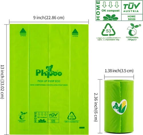 Vista 6 de Pkpoo Bolsas de excremento de perro 100% compostables, extra anchas, bolsas grandes a base de vegetales para perros, bolsas de basura biodegradables