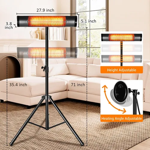 Vista 4 de Calentador eléctrico para exteriores, calentadores infrarrojos de carbono de 1500 W con control remoto, calentador radiante montado en trípode con 3