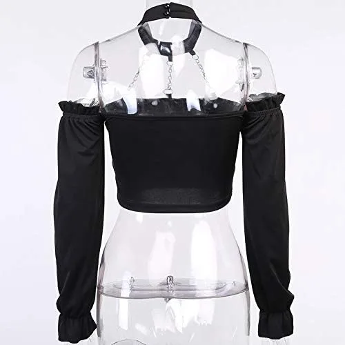 Vista 6 de Dark Punk Crop Top con Cadenas Mujer Punk Off Hombro Hueco Sólido Sin Espalda Tops