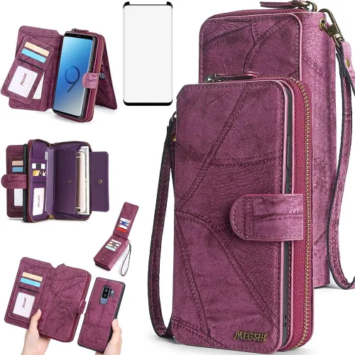 Vista 9 de Asuwish Funda de teléfono para Samsung Galaxy S9 Plus con cremallera, funda desmontable con protector de pantalla de vidrio templado y tarjetero