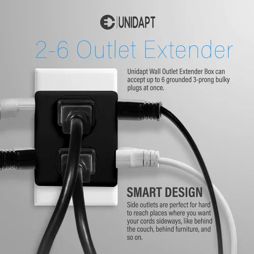 Vista 2 de Unidapt - Divisor de enchufes múltiples, adaptador extensor de múltiples salidas con 6 enchufes de CA, caja divisora lateral, expansor de enchufe