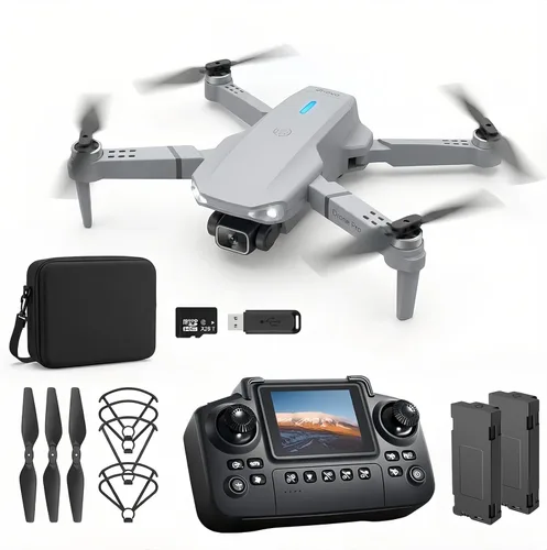 Vista 7 de Dron elicci E88 con controlador de pantalla con tarjeta SD, mini dron plegable para principiantes, 2 baterías, vuelos con volteretas de 360°
