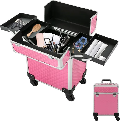 Vista 14 de Estuche de maquillaje con ruedas para cosméticos, carrito grande para cosméticos con cerraduras, organizador de almacenamiento de cosméticos, Negro