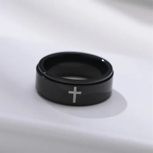 Vista 8 de Ropartman Anillo giratorio de acero inoxidable para hombres, anillos plateados y negros para la ansiedad, anillo de cruz de oración para aliviar