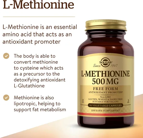 Vista 3 de Solgar L-metionina 500 mg, 90 cápsulas vegetales - Promotor antioxidante