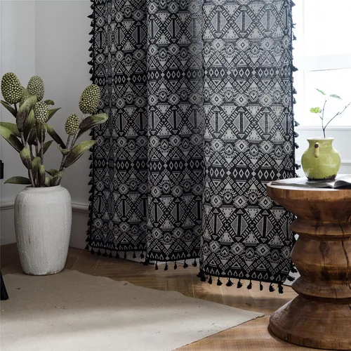Vista 38 de Deeprove - Cortinas bohemias de 63 pulgadas de largo para dormitorio, rayas de lunares de punto hueco beige y patchwork de algodón y lino crema