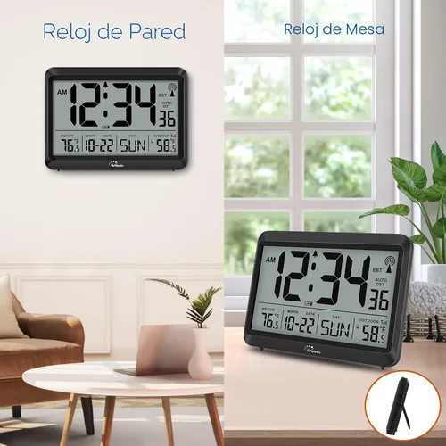 Vista 5 de WallarGe Reloj atómico con temperatura interior y exterior, reloj digital de 8.5 pulgadas, funciona con pilas, ajuste automático, 4 zonas horarias