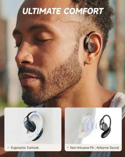 Vista 2 de Donner Auriculares abiertos, auriculares inalámbricos, Bluetooth 5.3, ultra cómodos, ganchos ergonómicos para los oídos, llamadas claras