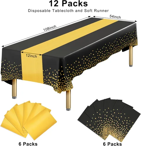 Vista 2 de Paquete de 12 manteles rectangulares de plástico negro desechables y satinados, mantel rectangular negro y dorado para cumpleaños, aniversario