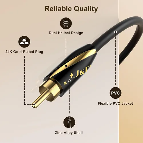 Vista 2 de J&D Audiophiles - Cable RCA de 24 AWG 2RCA macho a macho, cable de audio de interconexión estéreo, cable de subwoofer chapado en oro para cine