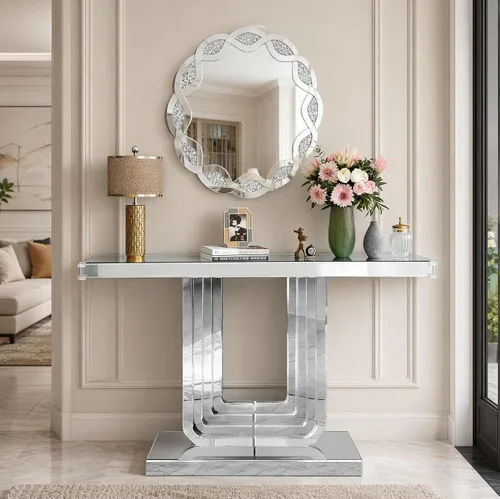 Vista 19 de Mesa consola con espejo de 55 pulgadas, mesa larga para sofá de sala de estar, oficina, detalles de cristal de diseño hexagonal, moderno escritorio