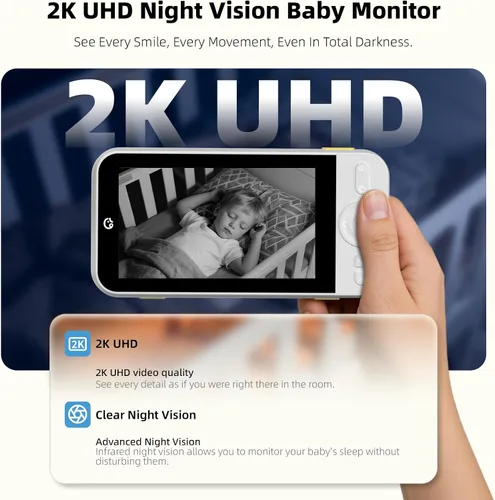 Vista 3 de Ellie Pro - Monitor de bebé con cámara y audio, resolución IPS 2K UHD de 5 pulgadas, batería de 6000 mAh, zoom panorámico remoto 5X, conversación