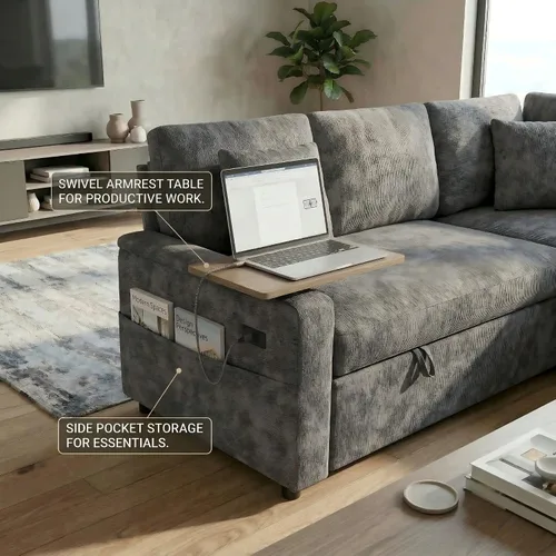 Vista 6 de Sofá modular de 81 pulgadas, sofá cama de 5 plazas en forma de L con cama extraíble, almacenamiento oculto, portavasos y puertos de carga USB, sofás