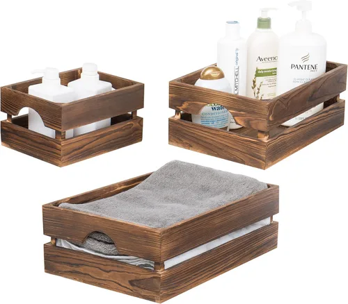 Vista 4 de MyGift Caja organizadora de almacenamiento rústica de madera maciza marrón oscuro con asa, 3 piezas de varios tamaños decorativos