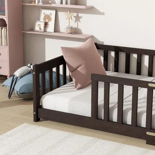 Vista 5 de Twin Size Floor Bed with Slats and Guardrails, Wood Floor Bed, Espresso
