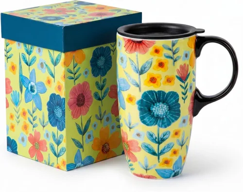 Vista 14 de Topadorn Tazas de cerámica de porcelana, taza de café con tapa y asa, taza de café, taza de té de café con tapa y asa, taza de café, 17 oz. Abstracto