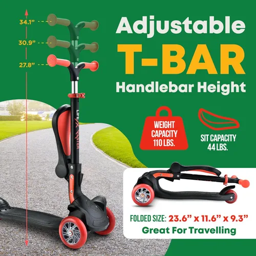Vista 2 de Scooter de 3 ruedas para niños con asiento plegable, altura ajustable del manubrio, juguete de paseo inclinado para conducir para niños a partir