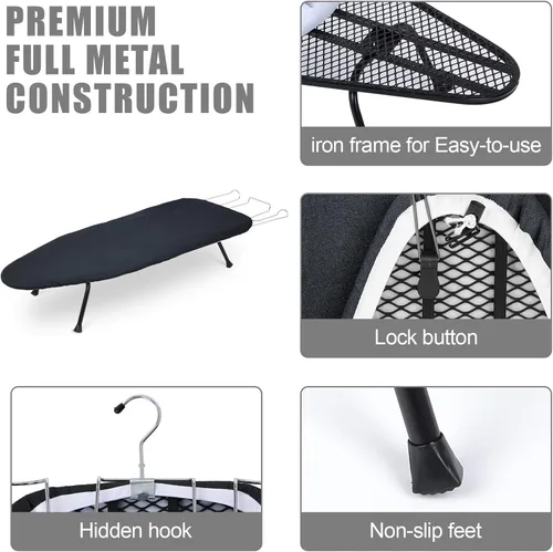 Vista 6 de Tioncy Tabla de planchar plegable de metal con soporte de hierro, tabla de planchar portátil de metal, pequeña con cubierta de algodón resistente al