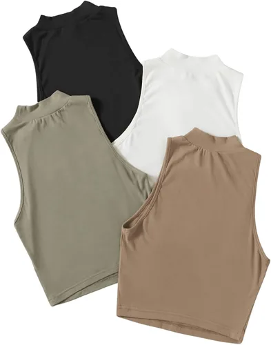 Vista 2 de SweatyRocks Camiseta sin mangas básica para mujer, 4 piezas, cuello alto, punto acanalado sólido