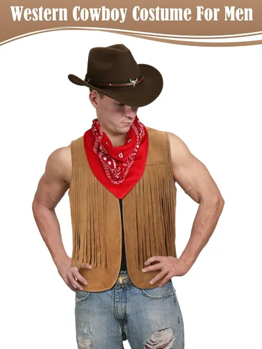 Vista 2 de Toulite 4 piezas de trajes occidentales para hombre, chaleco con borla, sombrero y hebilla de cinturón, bandana de cachemira para Halloween, cosplay