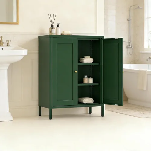 Vista 10 de Gabinete de Almacenamiento de Metal para Baño, Gabinete Aparador Negro con Puertas de Vidrio y Estantes Ajustables, Pequeños Gabinetes de Metal
