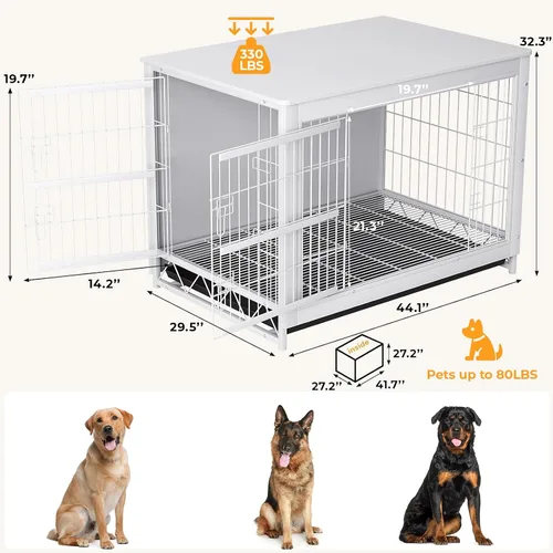 Vista 2 de TLSUNNY Muebles de jaula para perros, mesa auxiliar auxiliar de madera de 44.1 pulgadas, moderna perrera con puertas dobles, jaula resistente