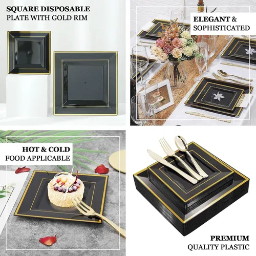 Vista 4 de Efavormart - Platos cuadrados de plástico para postre de ensalada de 7 pulgadas con borde dorado, 10
