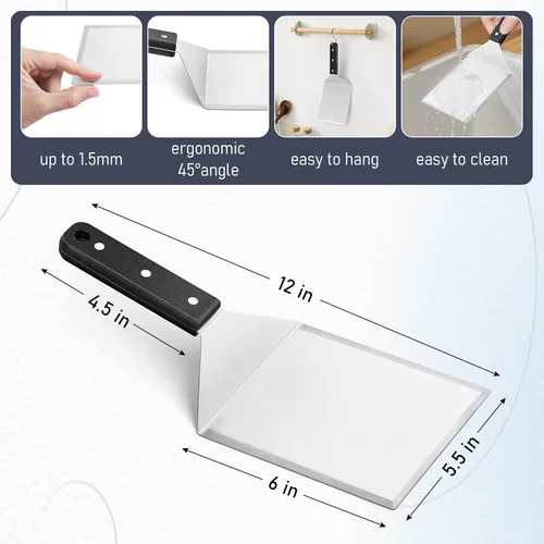 Vista 2 de HaSteeL - Juego de 2 espátulas de metal grandes de acero inoxidable con mango de ABS, resistente para hamburguesas y panqueques, ideal para cocinar