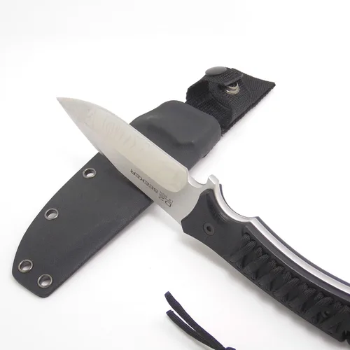 Vista 6 de Masalong Cuchillo de caza de hoja fija, hoja de borde recto, supervivencia extrema D2 acero y funda