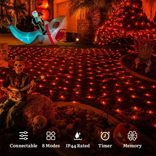 Vista 3 de Red de luces naranjas de Halloween para exteriores, luces de malla
