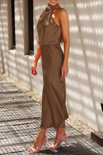 Vista 9 de PRETTYGARDEN Vestido de satén de verano 2023 para mujer, elegante, sin mangas, cuello alto, vestido maxi para fiesta de cóctel