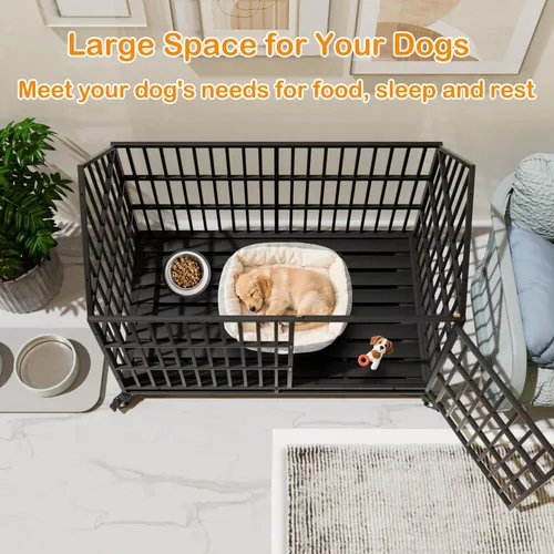 Vista 4 de Jaula para perros resistente de 50 pulgadas con 4 ruedas, doble puerta indestructible, a prueba de escapes, jaula grande XXL para interiores con 2