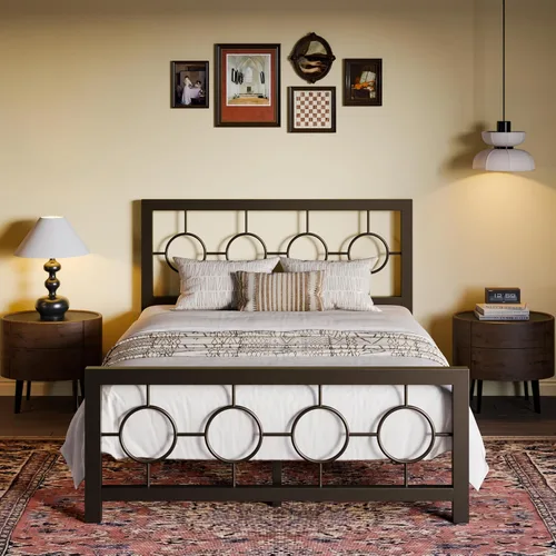 Vista 13 de SHA CERLIN Marco de cama de metal tamaño King con cabecera y pie de cama de diseño circular vintage, no requiere somier, fácil montaje, sin ruido