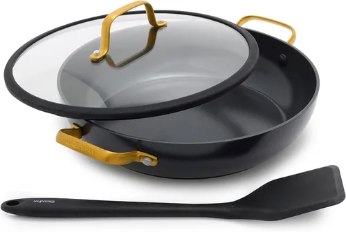 Vista 19 de GreenPan Reserve Pro - Juego de 3 sartenes con tapa y espátula de silicona Café con leche