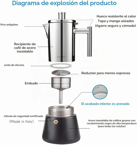 Vista 2 de Easyworkz Diego - Cafetera italiana de acero inoxidable, cafetera italiana, 4 tazas, 6.8 onzas, cafetera moka de inducción Negro