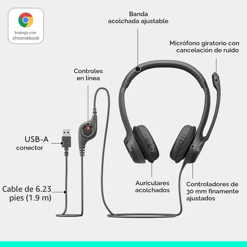 Vista 6 de Logitech H390 Auriculares con cable con micrófono, auriculares USB-A con micrófono para PC, micrófono con cancelación de ruido para reuniones