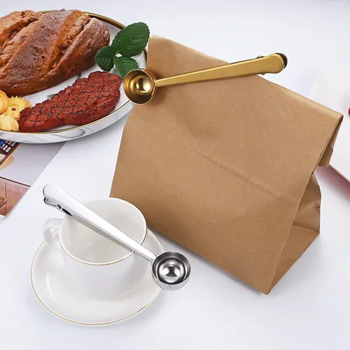 Vista 3 de Cuchara de café con clip de cucharada de acero inoxidable Cuchara de café con mango largo multifunción Bolsa de sellado Clip para té, café, proteína